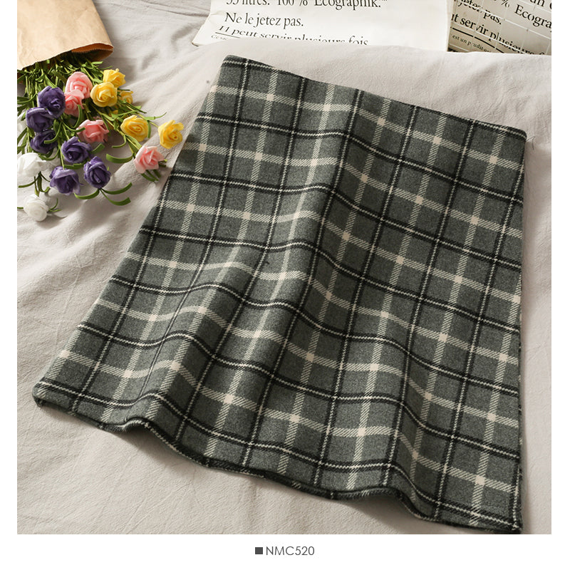 Vintage Plaid high waist thin A-line short skirt for women HZ1023