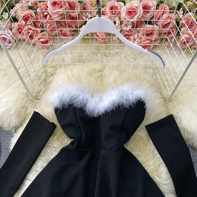 Red/black fashion heart-shaped collar sexy waist slimming off-shoulder Christmas birthday dress HZ1023