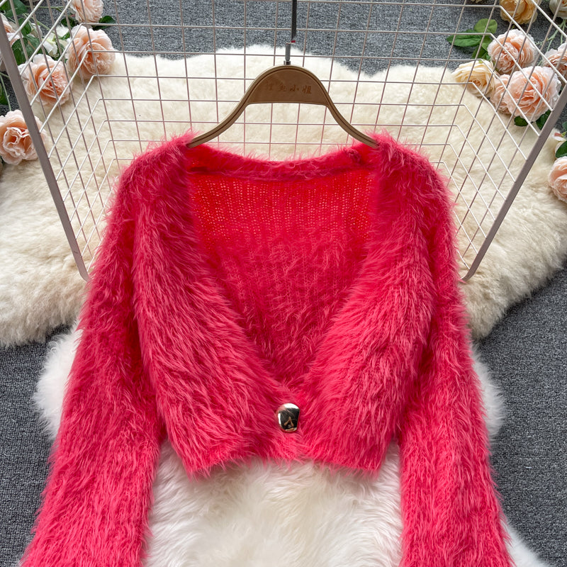 Short Mohair cardigan women's Plush sweater coat HZ1023