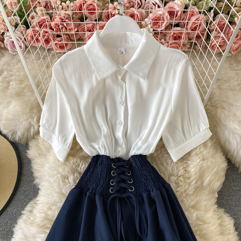 A-line umbrella skirt with contrast color stitching and slim waist HZ1023