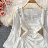 Korean French retro bubble sleeve temperament square neck dress HZ1023