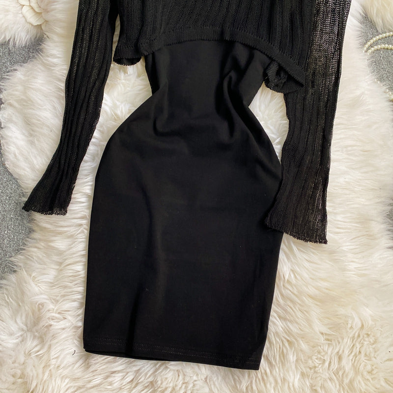 Long sleeved Knitted Blouse hip strap dress HZ1023