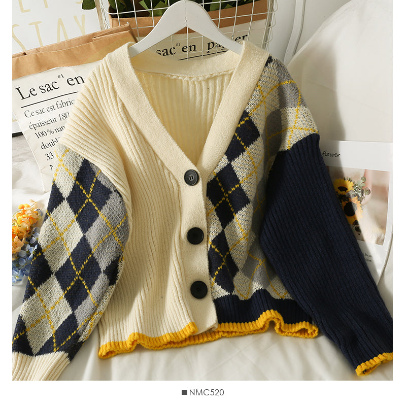 Contrast stitched diamond check single breasted low neck T-shirt HZ1023