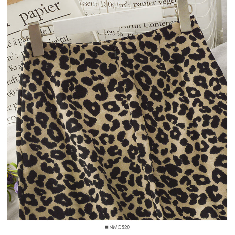 Hong Kong retro leopard print medium length high waist split one-step skirt HZ1023