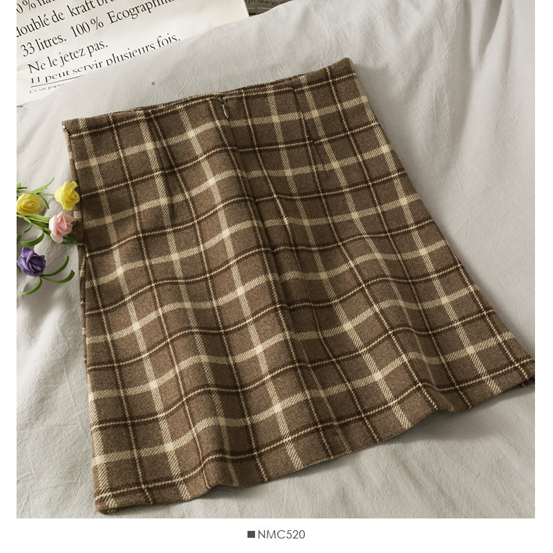 Vintage Plaid high waist thin A-line short skirt for women HZ1023