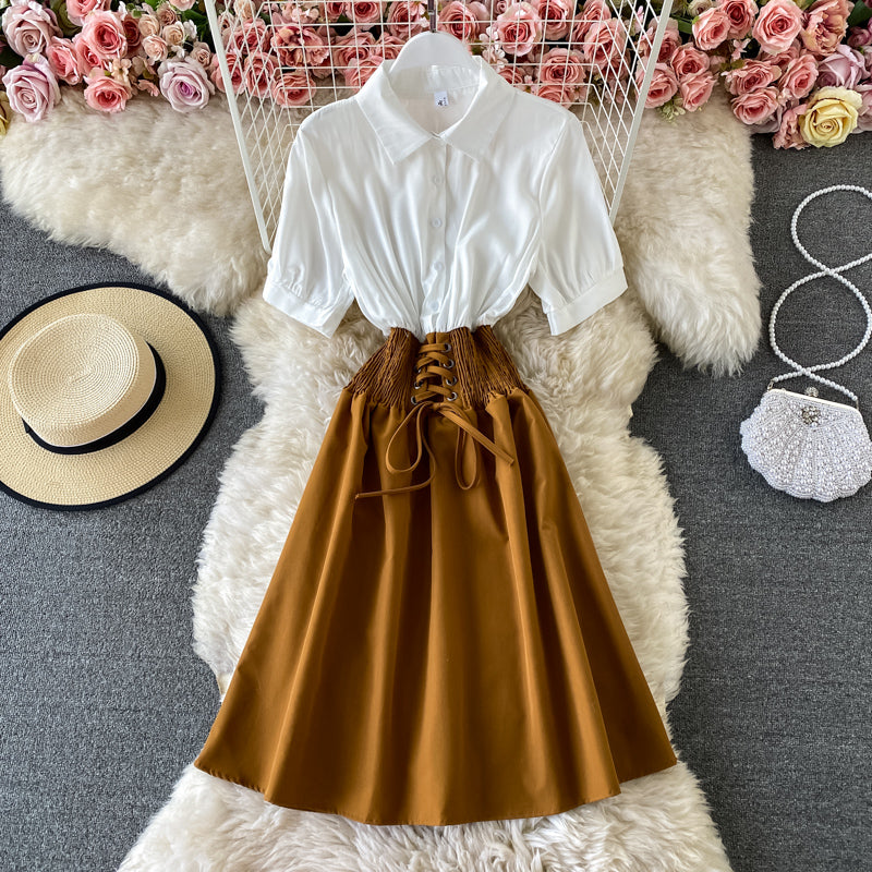 A-line umbrella skirt with contrast color stitching and slim waist HZ1023