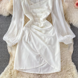 Korean French retro bubble sleeve temperament square neck dress HZ1023