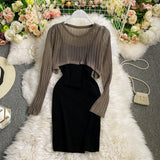 Long sleeved Knitted Blouse hip strap dress HZ1023