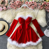 Red/black fashion heart-shaped collar sexy waist slimming off-shoulder Christmas birthday dress HZ1023