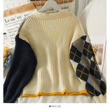 Contrast stitched diamond check single breasted low neck T-shirt HZ1023