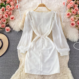 Korean French retro bubble sleeve temperament square neck dress HZ1023