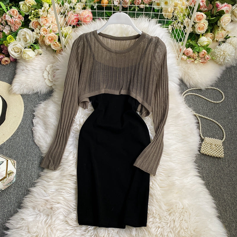 Long sleeved Knitted Blouse hip strap dress HZ1023