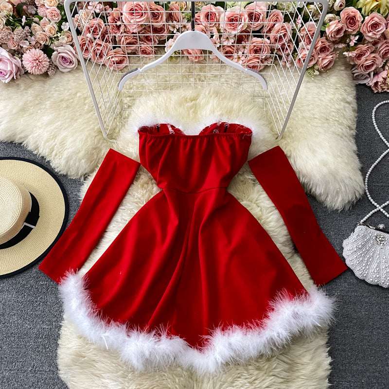 Red/black fashion heart-shaped collar sexy waist slimming off-shoulder Christmas birthday dress HZ1023