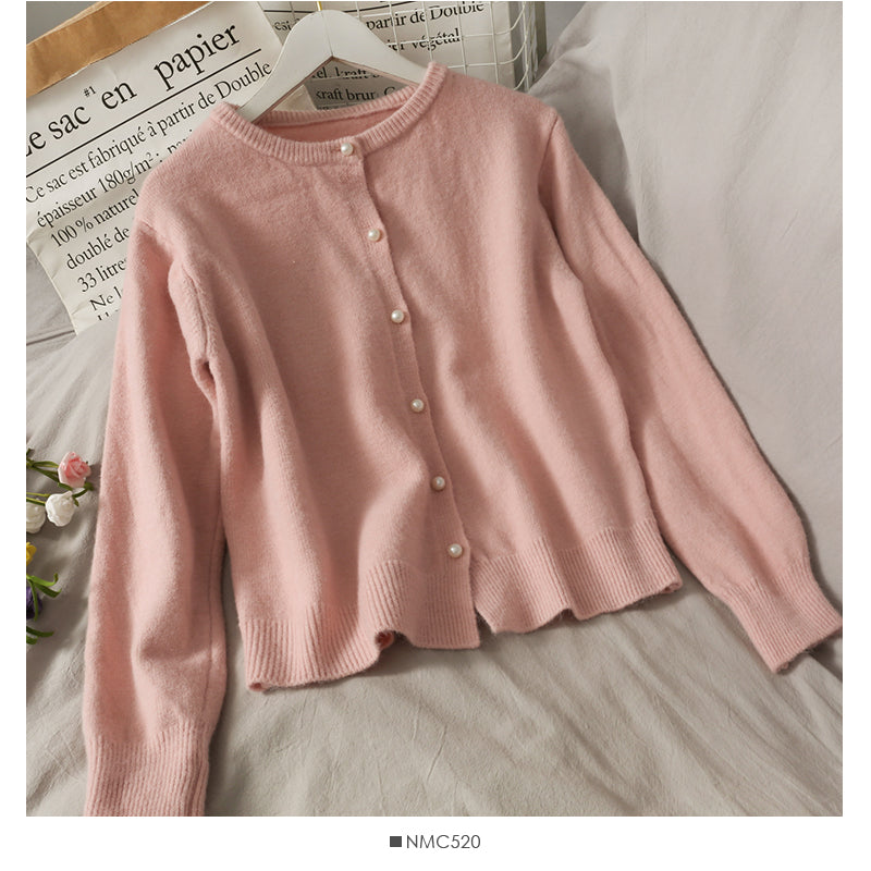Sweet wind pearl single breasted crew neck cardigan sweater HZ1023