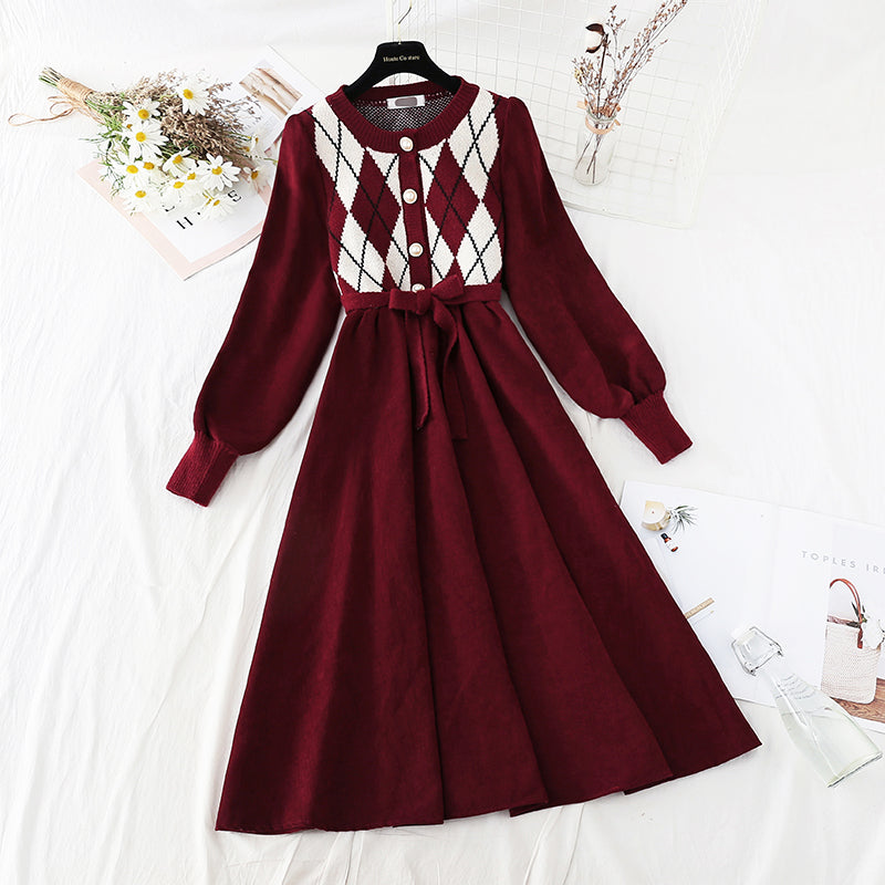 Corduroy stitched knitted dress with coat HZ1023