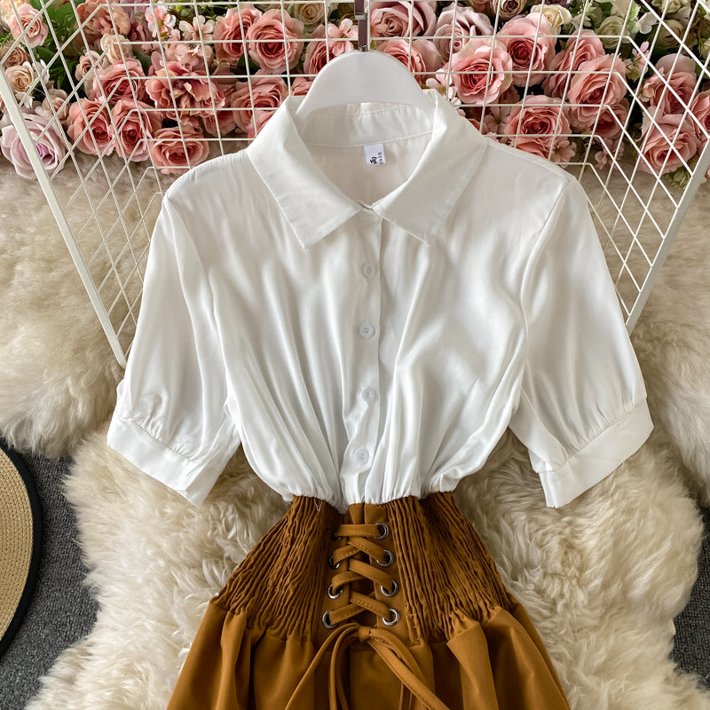 A-line umbrella skirt with contrast color stitching and slim waist HZ1023