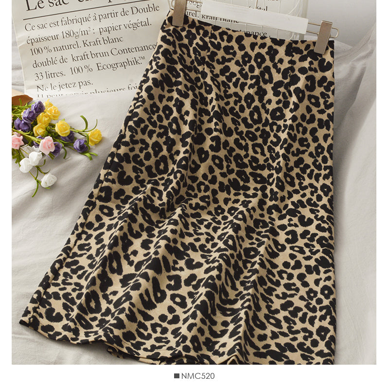 Hong Kong retro leopard print medium length high waist split one-step skirt HZ1023