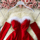 Red/black fashion heart-shaped collar sexy waist slimming off-shoulder Christmas birthday dress HZ1023