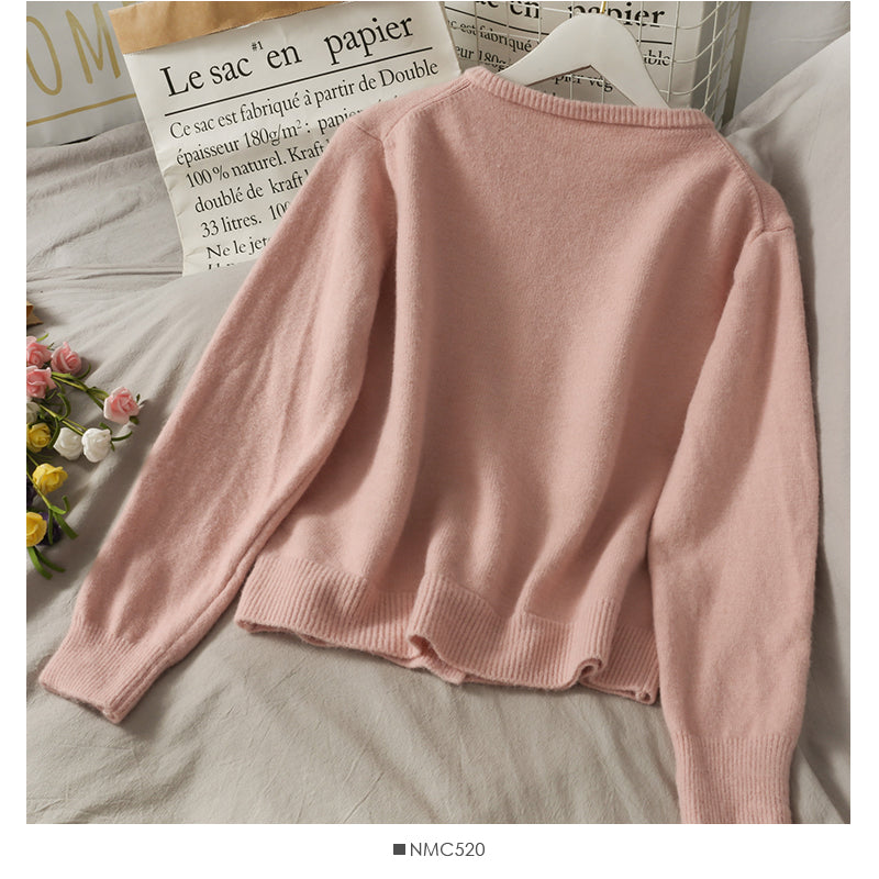 Sweet wind pearl single breasted crew neck cardigan sweater HZ1023