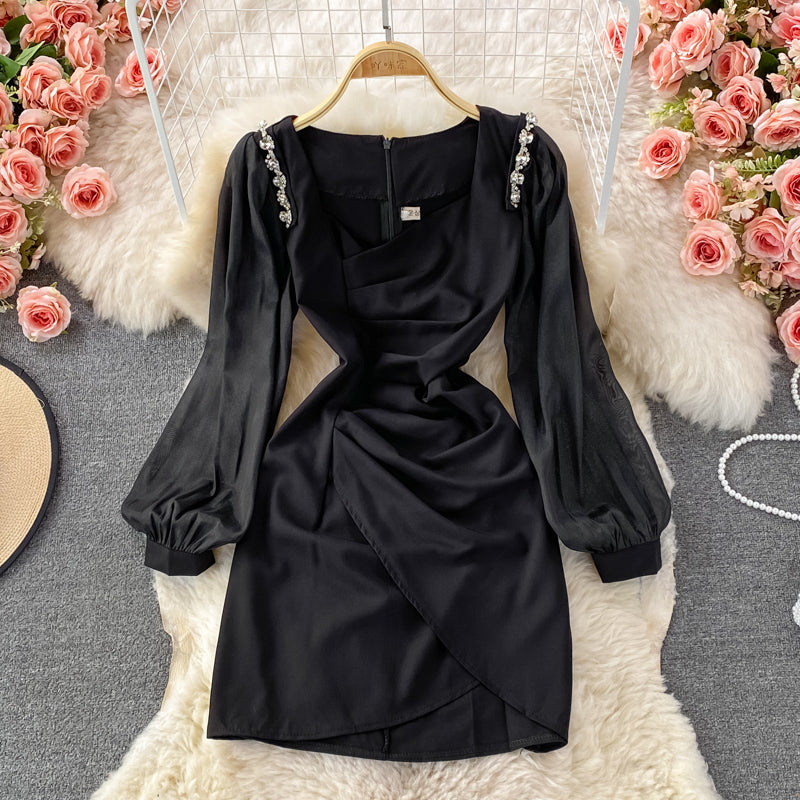 Korean French retro bubble sleeve temperament square neck dress HZ1023