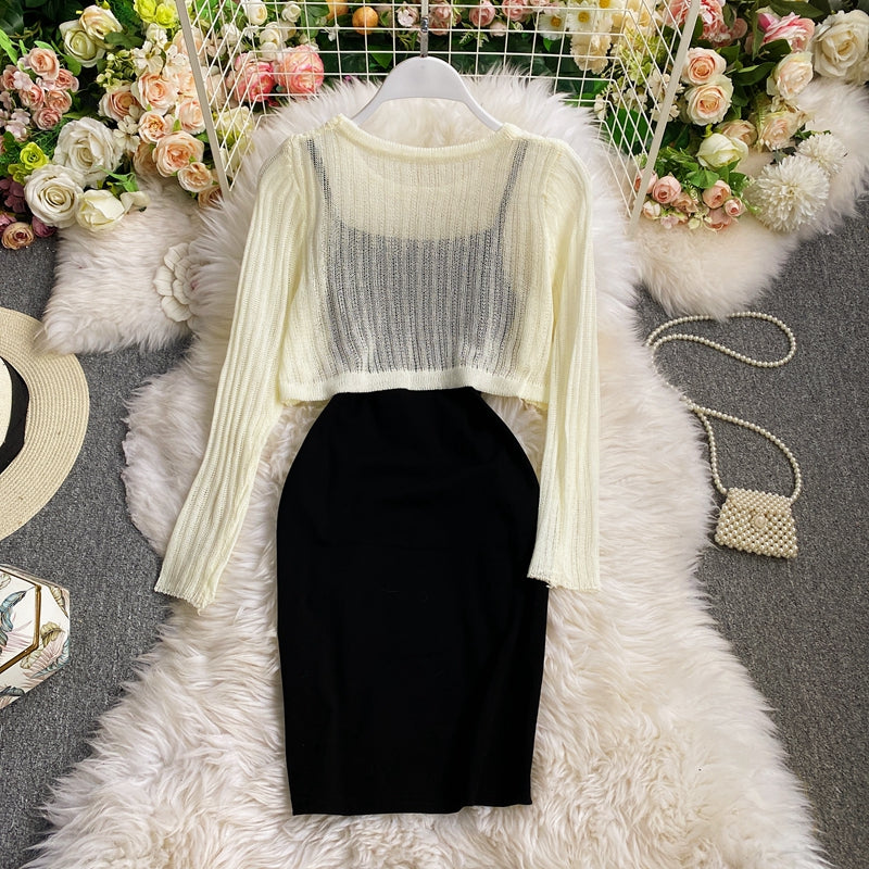 Long sleeved Knitted Blouse hip strap dress HZ1023