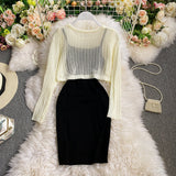 Long sleeved Knitted Blouse hip strap dress HZ1023