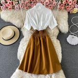 A-line umbrella skirt with contrast color stitching and slim waist HZ1023
