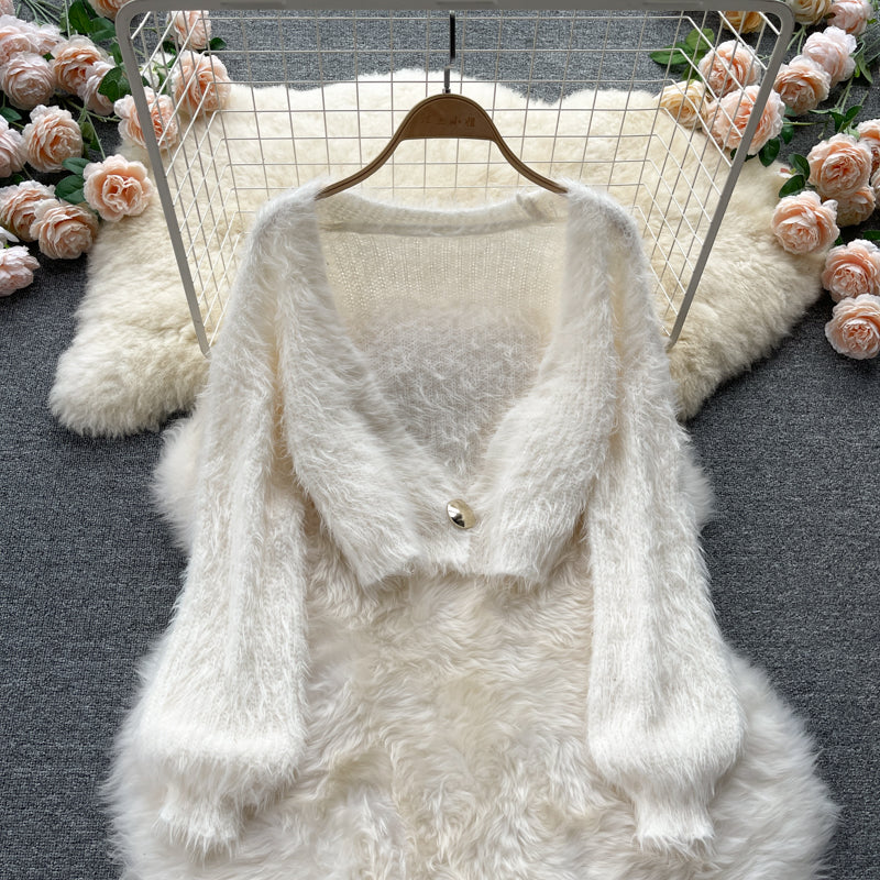 Short Mohair cardigan women's Plush sweater coat HZ1023