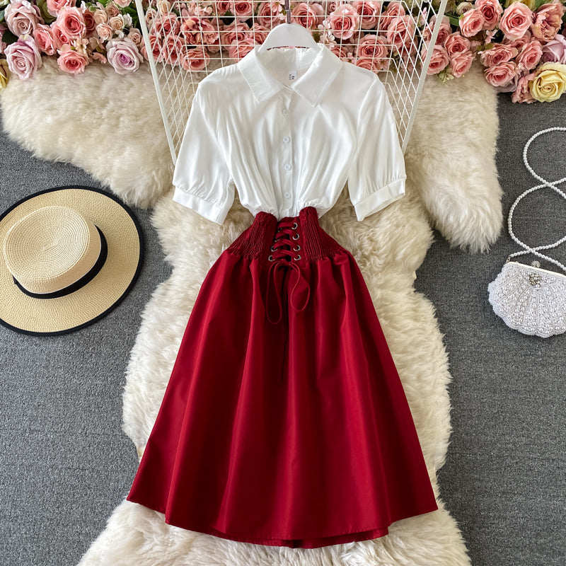 A-line umbrella skirt with contrast color stitching and slim waist HZ1023