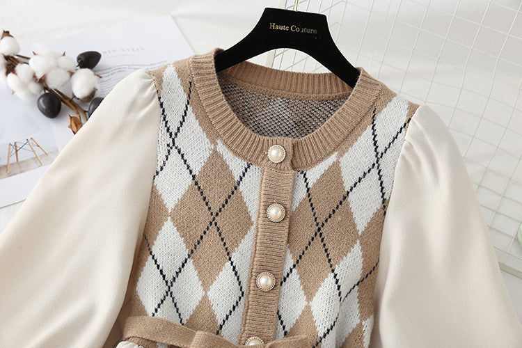 Corduroy stitched knitted dress with coat HZ1023