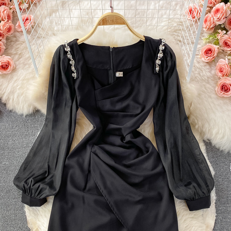 Korean French retro bubble sleeve temperament square neck dress HZ1023