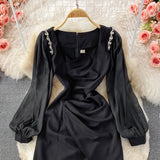 Korean French retro bubble sleeve temperament square neck dress HZ1023