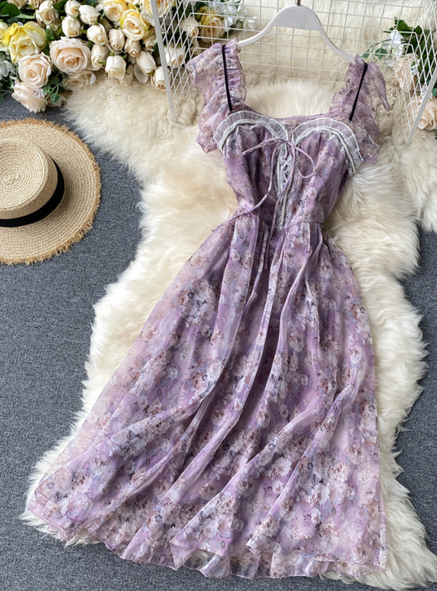 Purple print sleeveless short dress women's dress HZ1023