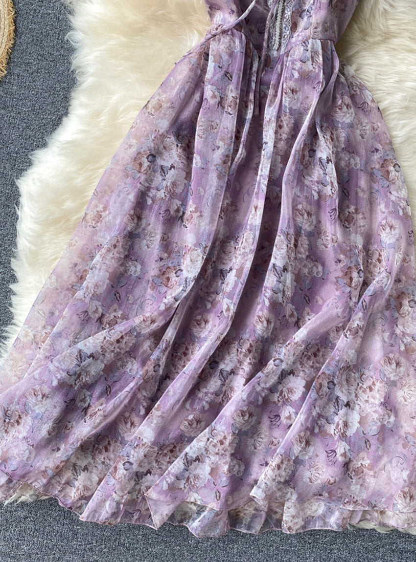 Purple print sleeveless short dress women's dress HZ1023