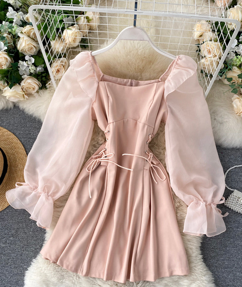Cute A line short dress long sleeve waist dress HZ1023