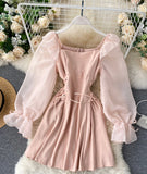 Cute A line short dress long sleeve waist dress HZ1023