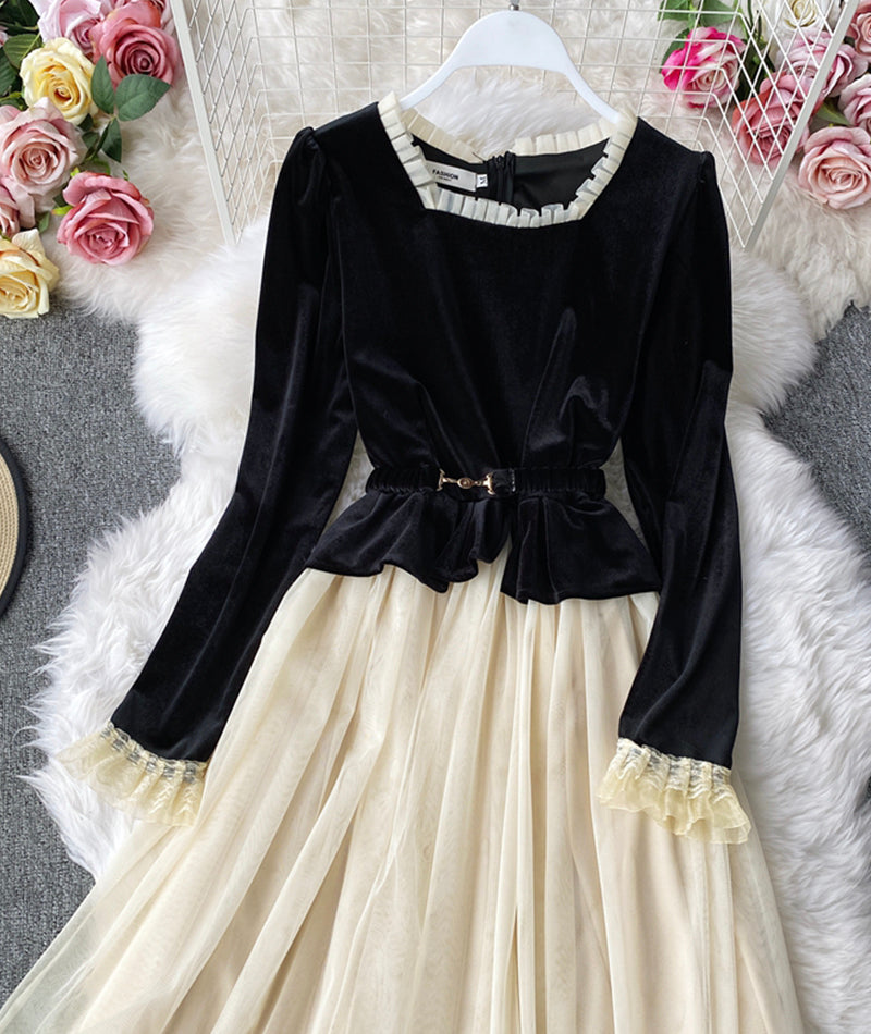 Retro A line velvet dress long sleeve dress HZ1023