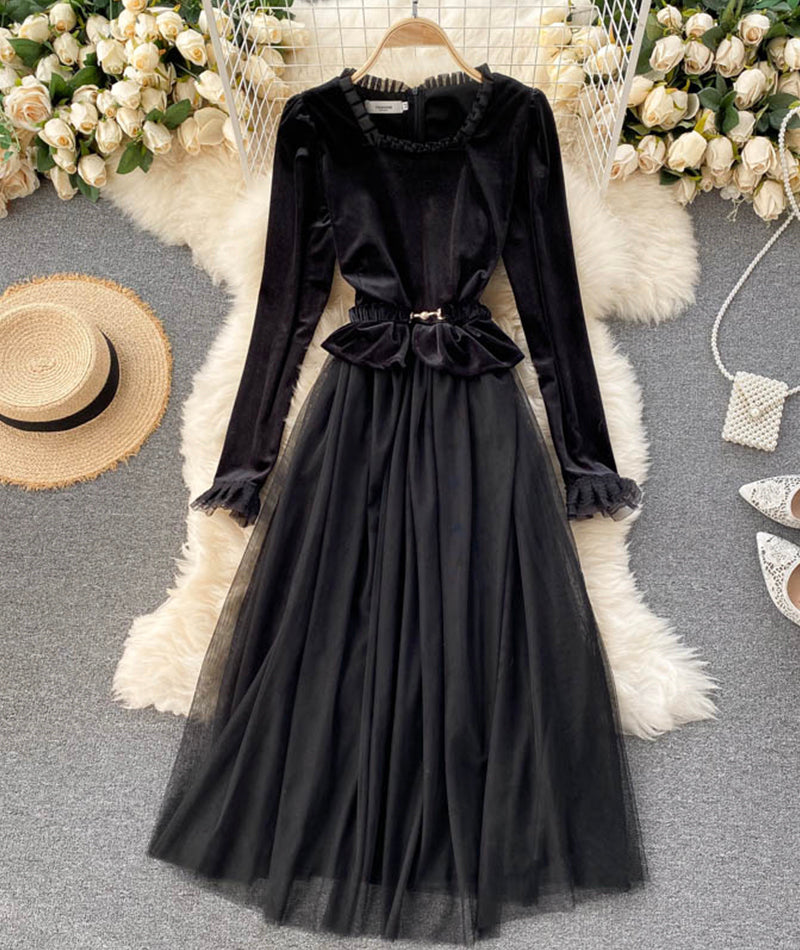 Retro A line velvet dress long sleeve dress HZ1023