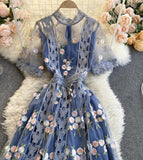 High quality lace short dress blue A line dress HZ1023