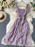 Purple print sleeveless short dress women's dress HZ1023