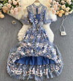 High quality lace short dress blue A line dress HZ1023