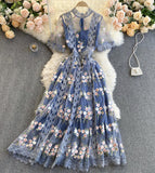High quality lace short dress blue A line dress HZ1023