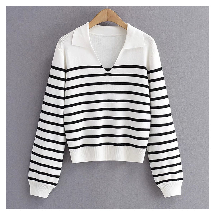 Minority retro lazy black and white striped sweater knitwear female HZ1023