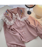 Korean girls' sense of foreign style lace doll neck top HZ1023