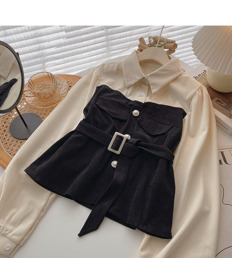 New Korean retro slim waist closed fake two-piece top HZ1023