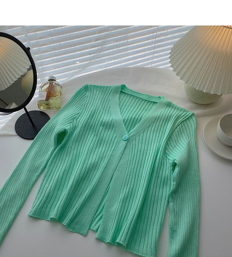 Candy V-neck one button cardigan versatile long sleeve short top HZ1023