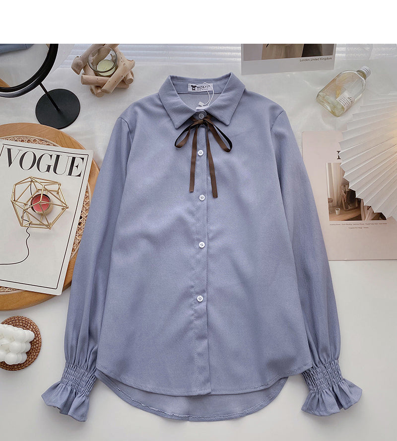 Collegiate lace up Lapel shirt casual long sleeve top HZ1023