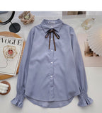 Collegiate lace up Lapel shirt casual long sleeve top HZ1023
