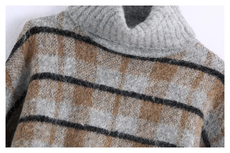 New lazy high neck slim plaid sweater HZ1023
