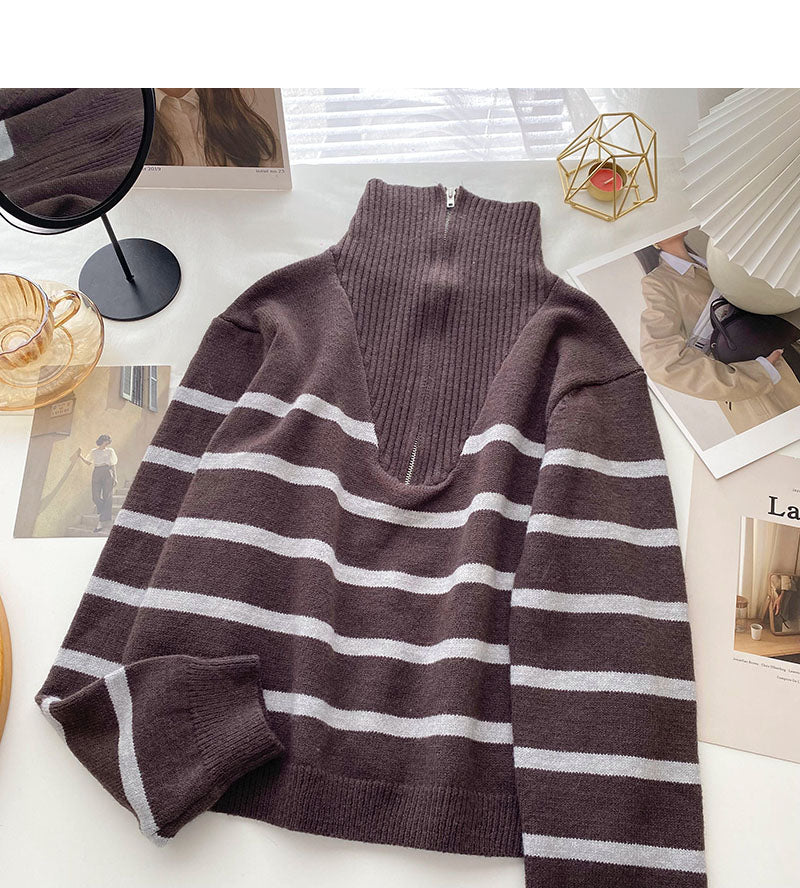 Lapel Half Zip stripe contrast panel long sleeve top HZ1023